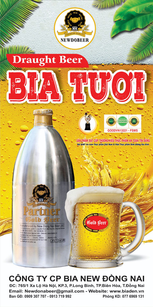 panno hỗ trợ quảng cáo bia tươi vàng 1 lít,  nhà mấy bia New Đồng Nai